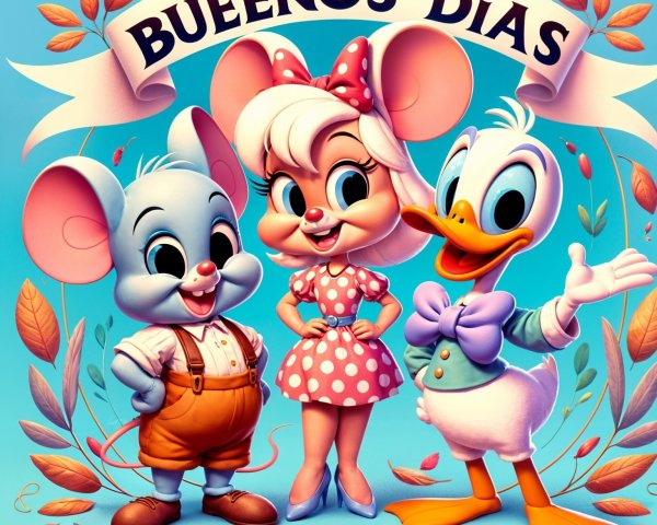 Cheerful Animated Characters with "BUENOS DÍAS" Text