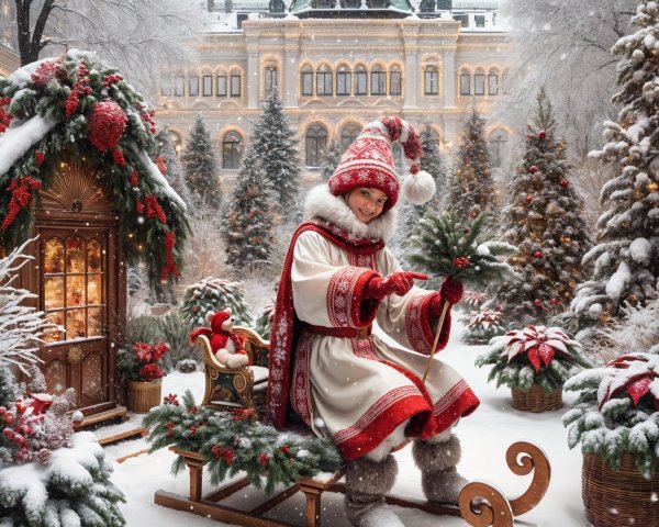 Cheerful Winter Scene with Sleigh and Christmas Trees