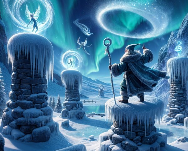 Elderly Figure in Magical Winter Landscape with Fairies