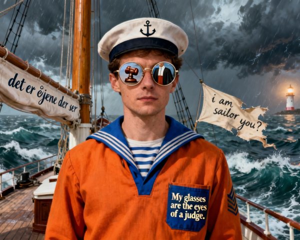 Sailor in Stormy Ocean with Unique Glasses and Hat