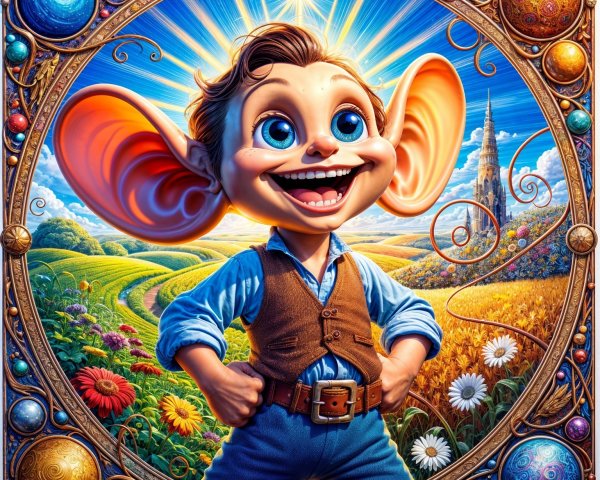 Cartoonish boy in vibrant landscape with whimsical castle