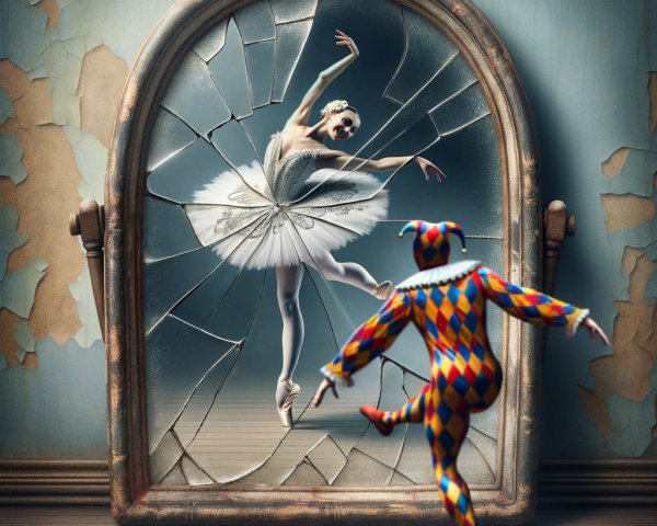 Ballerina and Jester in a Fragmented Mirror Scene