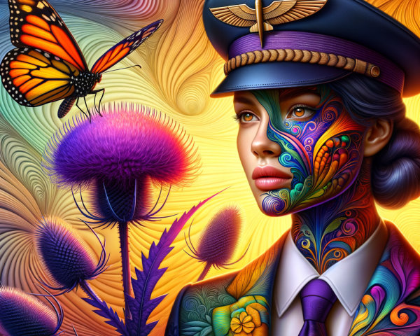 Colorful Woman in Military Uniform with Artistic Background