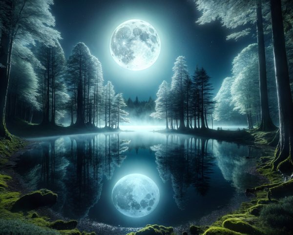 Moonlit Forest and Reflective Lake Scene Description