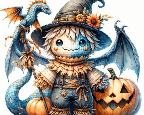Whimsical Scarecrow with Dragon and Autumn Decor