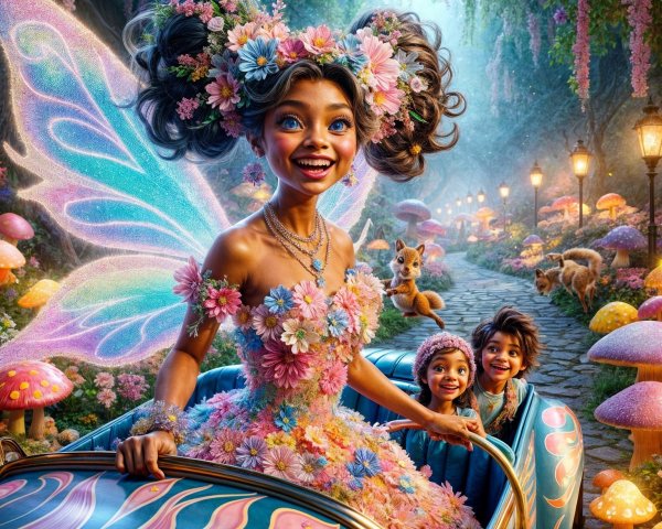 Whimsical Fairy Driving Colorful Car in Enchanted Forest
