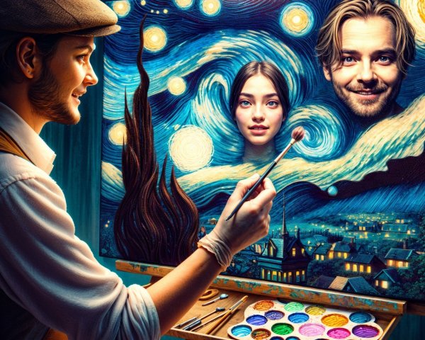 Vintage Painter Creating Starry Night Canvas Artwork