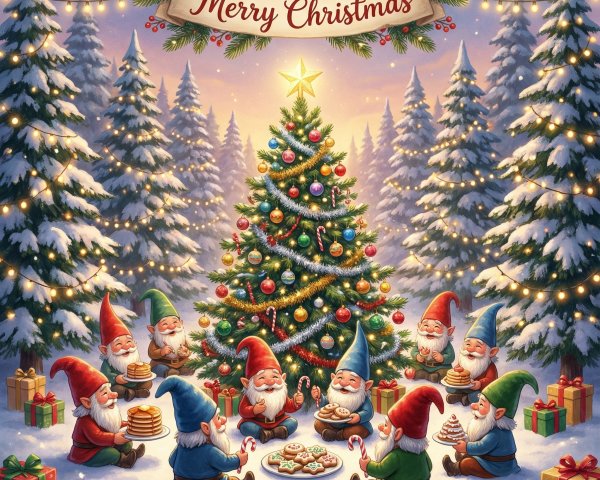 Gnomes Celebrating Christmas Feast in Snowy Setting