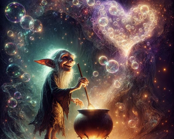 Whimsical Goblin by Cauldron in Enchanting Forest