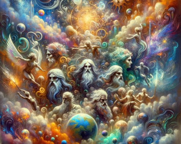 Celestial Fantasy Painting with Floating Faces and Angel