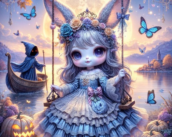 Whimsical Scene with Doll Figure and Moonlit Lake
