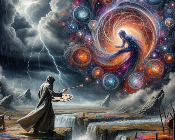 Cloaked Figure on Ledge with Cosmic Vortex Above