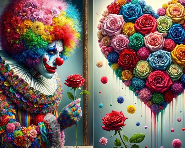 Vibrant Clown with Rose in Ornate Frame and Heart