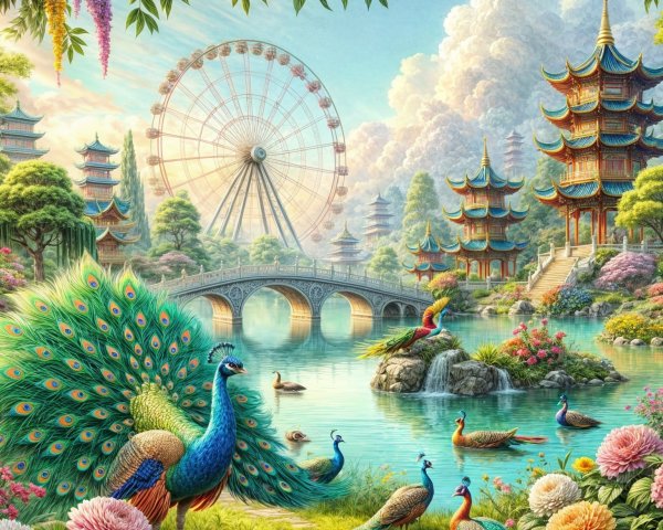 Serene garden with peacocks, lake, and ferris wheel