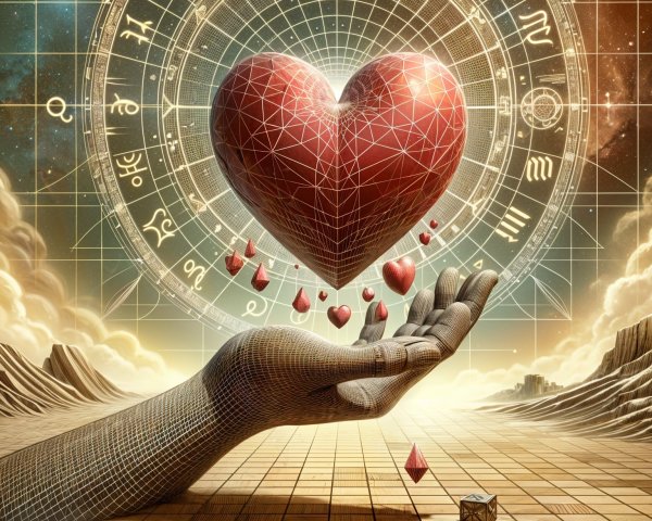 Hand Cradling Geometric Heart in Cosmic Landscape
