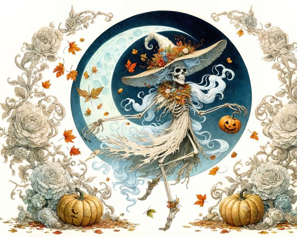 Dancing Skeleton with Pumpkins and Autumn Elements
