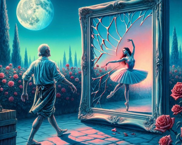 Elderly Man and Ballerina in Dreamlike Garden Scene