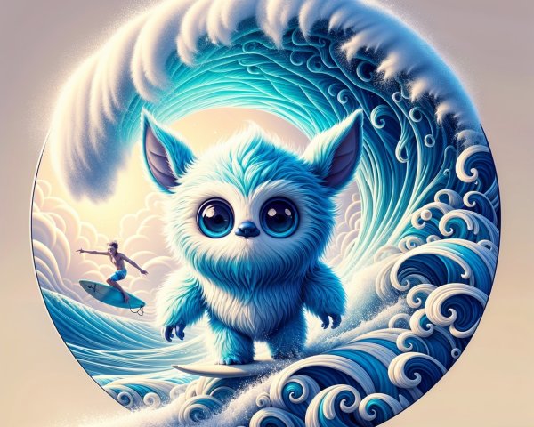 Fluffy Creature Surfing Vibrant Ocean Waves Scene