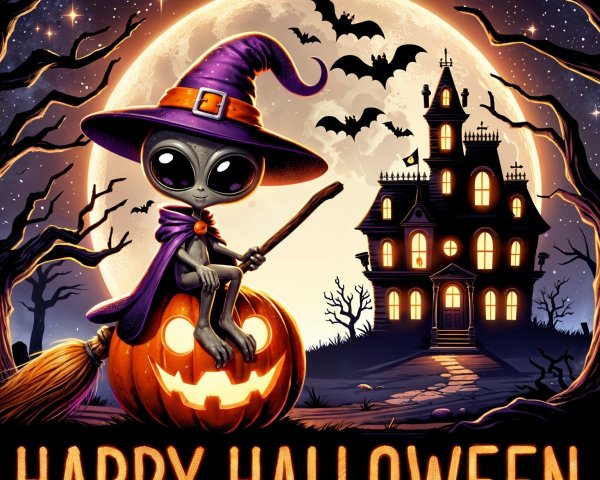 Whimsical Halloween Scene with Alien and Pumpkin