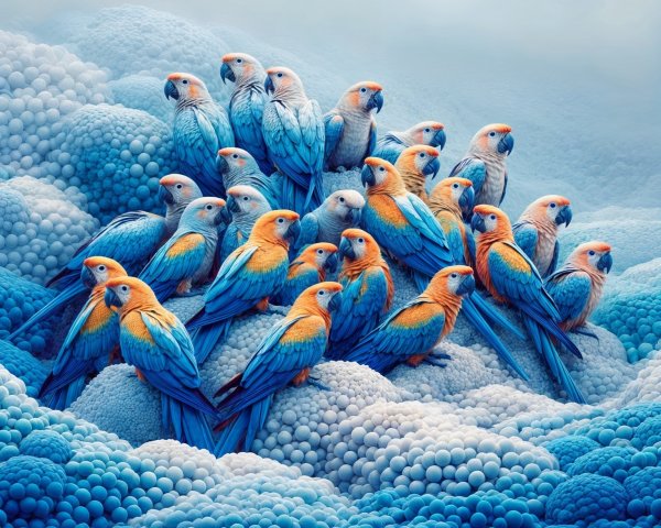 Vibrant Flock of Colorful Birds in Whimsical Scene