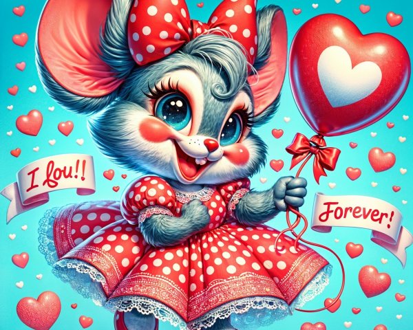 Cartoon Mouse Character with Heart Balloon and Hearts