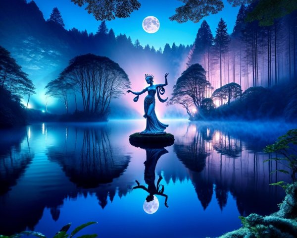 Tranquil Lake Scene with Illuminated Statue and Moonlight