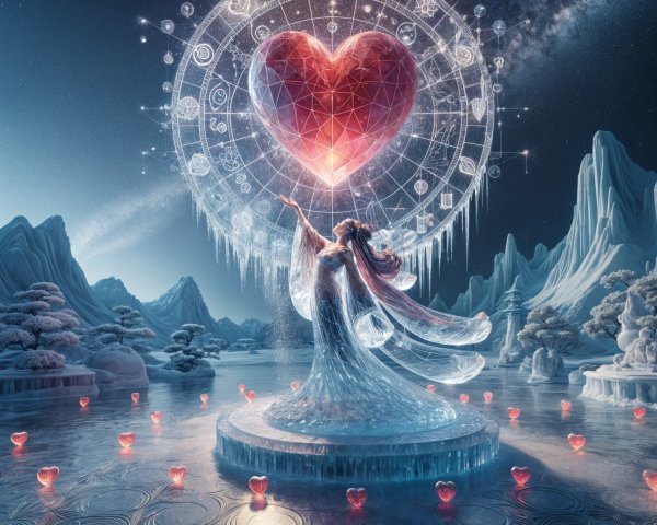 Translucent figure in icy landscape with glowing heart