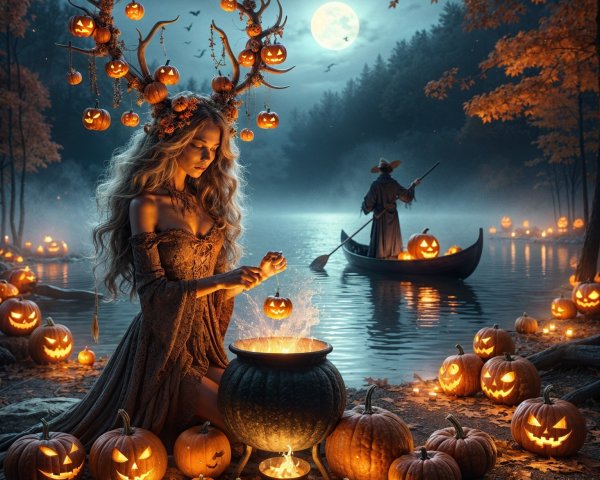 Mystical Witch in Moonlit Forest with Cauldron