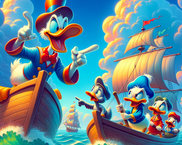 Animated Ducks in Nautical Attire Sailing on Water