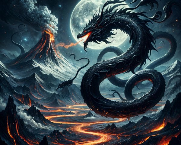 Majestic dragon in a dark volcanic landscape at night