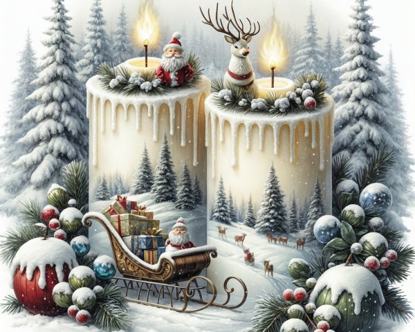 Candles with Holiday Decorations in Winter Landscape