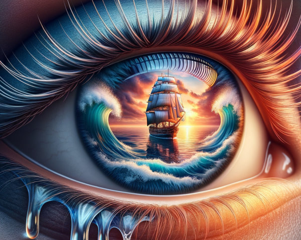 Eye Reflecting Vibrant Sea Scene with Ship and Sunset