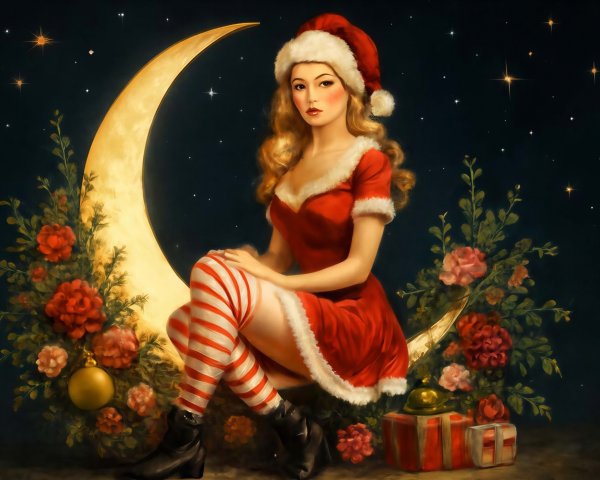 Pin-Up Style Digital Art of Woman on Crescent Moon