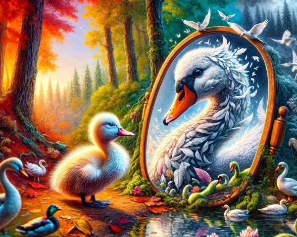 Duckling Reflects on Swan in Enchanted Forest Scene