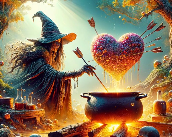 Mystical forest scene with witch and enchanted cauldron
