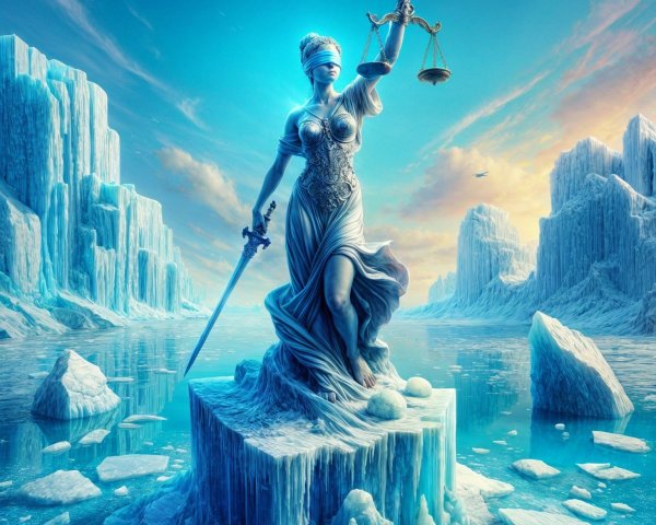 Ice Sculpture of Blindfolded Goddess on Glacial Pedestal