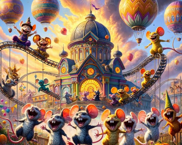 Cheerful Cartoon Mice in Vibrant Amusement Park Scene