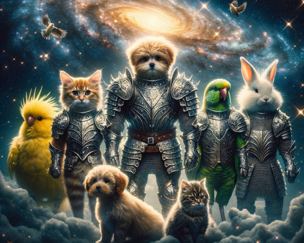 Adorable Animals in Medieval Armor Against Galaxy Backdrop