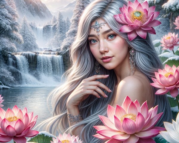 Young woman with silver hair amid lotus flowers and mountains