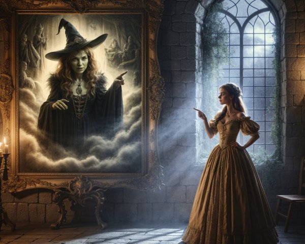 Young Woman in Golden Gown in Mystical Chamber