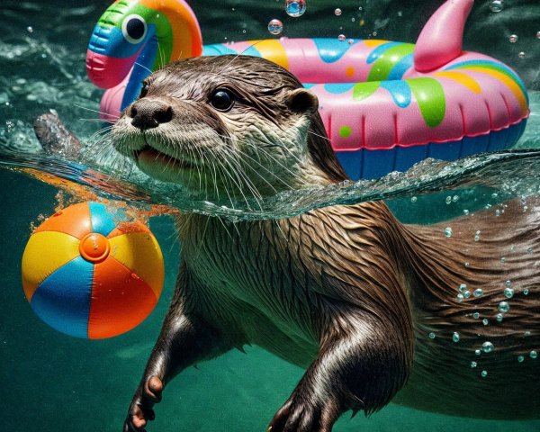 Otter Swimming with Beach Ball and Pool Float
