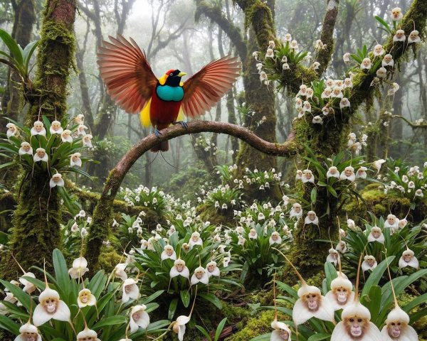Colorful Paradise Bird in Mystical Foggy Forest