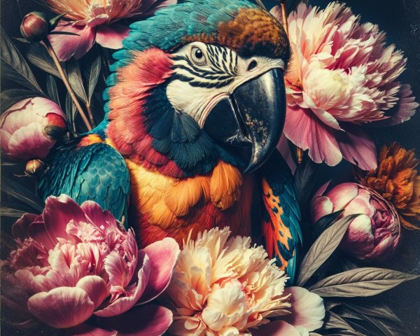 Macaw Among Blooming Peonies in Vibrant Colors