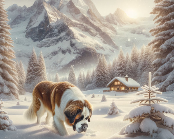 Winter Landscape with Saint Bernard in Snowy Setting