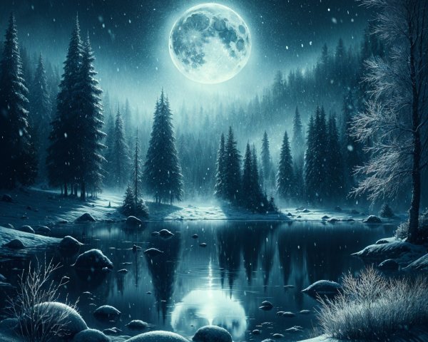 Serene Winter Landscape with Moonlit Lake and Snow