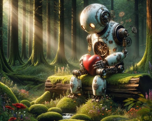 Vintage Robot with Heart in Enchanted Forest Setting