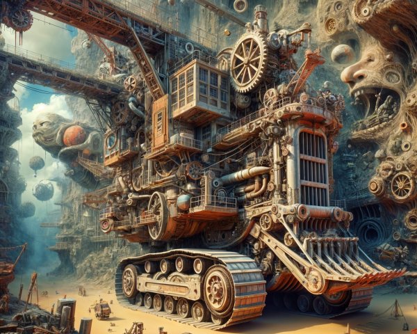 Colossal Steampunk Machine in Surreal Landscape