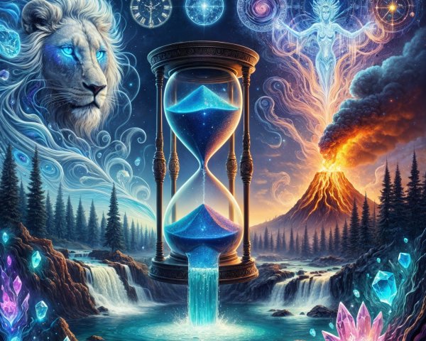 Majestic Lion in Surreal Landscape with Mystical Elements