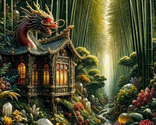 Dragon Overlooking Ornate Pavilion in Bamboo Forest