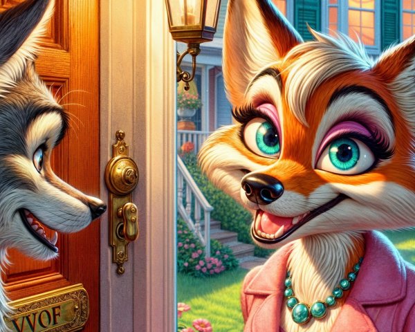 Charming Anthropomorphic Fox and Gray Wolf Interaction